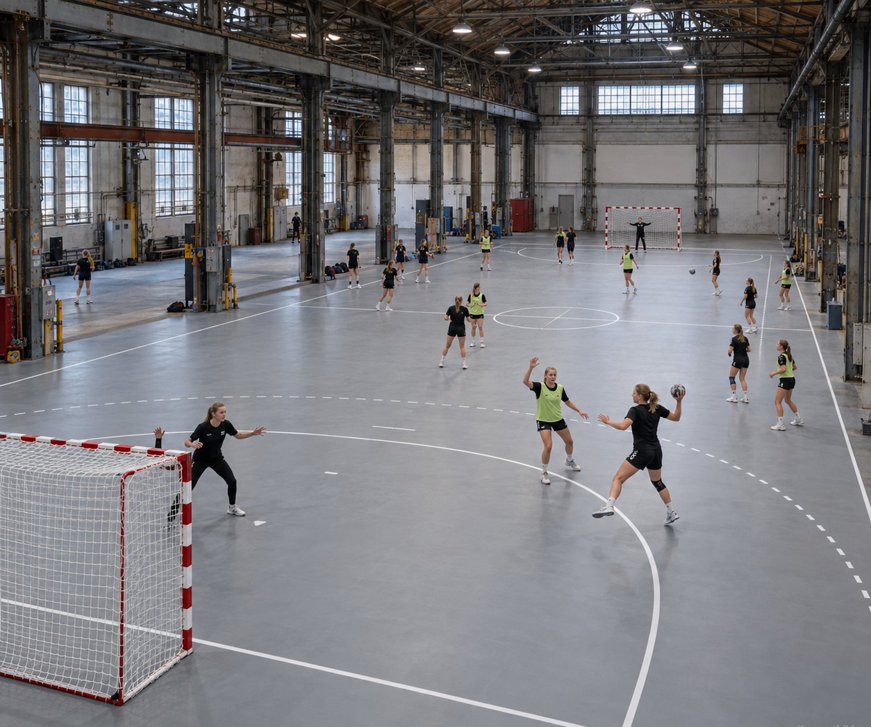 Handboll i en gammal industrihall